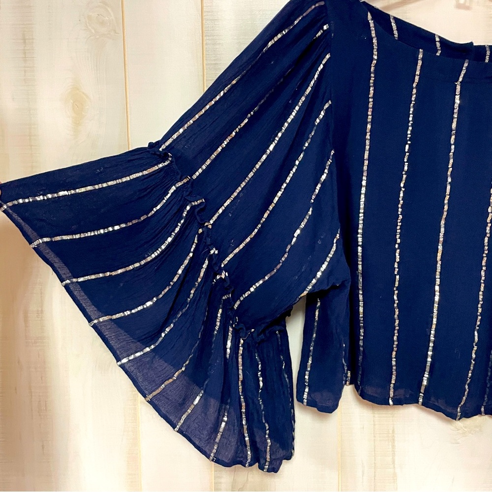 Anthropologie Floreat Navy Blue Silver Metallic Stripe Flowy Sleeve Top Sz S - Picture 6 of 6